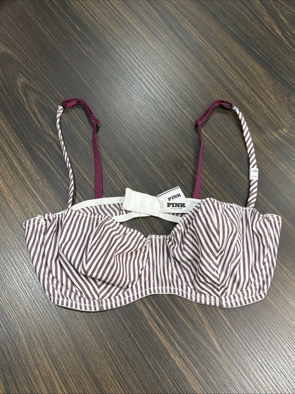 NWT Pink Victoria’s Secret 2024 Burgundy Stripe Balconette Unlined Bra Size 36D